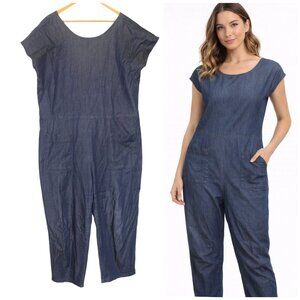 Erica Tanov Women's Blue Jumpsuit Size Large Short Sleeve Pockets Cotton